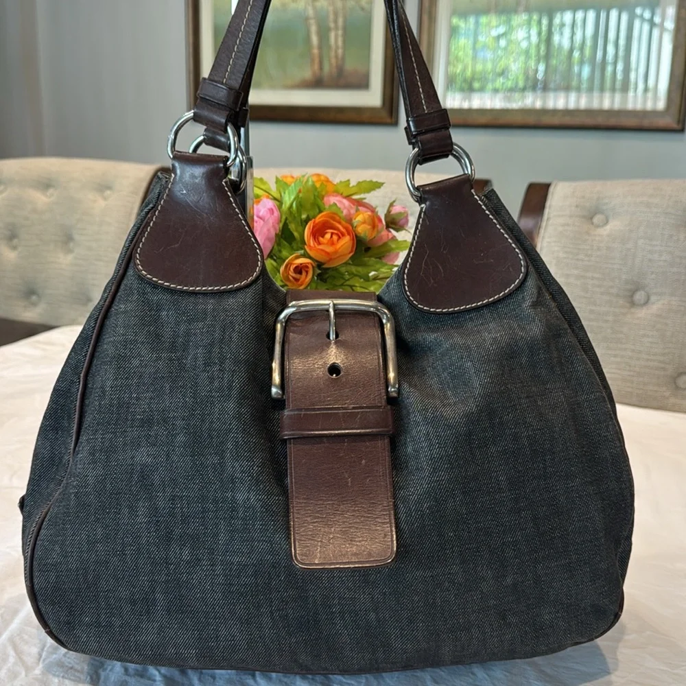 Authentic Prada Dark Denim and Brown Hobo Shoulder Bag - Picture 3 of 16